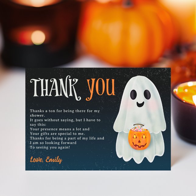 Carte De Remerciements Petit fantôme citrouille Halloween baby shower (Little boo ghost pumpkin Halloween baby shower Thank You Card)