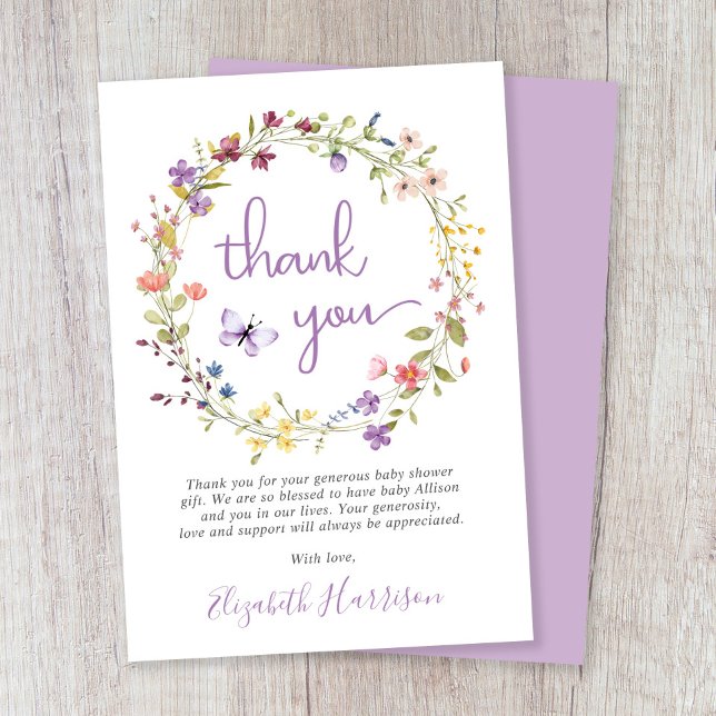 Carte De Remerciements Petit Fleur sauvage Aquarelle Bébé Fille Douche (Créateur téléchargé)