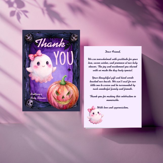 Carte De Remerciements Petit garçon Halloween rose mignon baby shower fan (Little boo Halloween cute ghost baby jack o lantern shower Thank You Card purple pink)