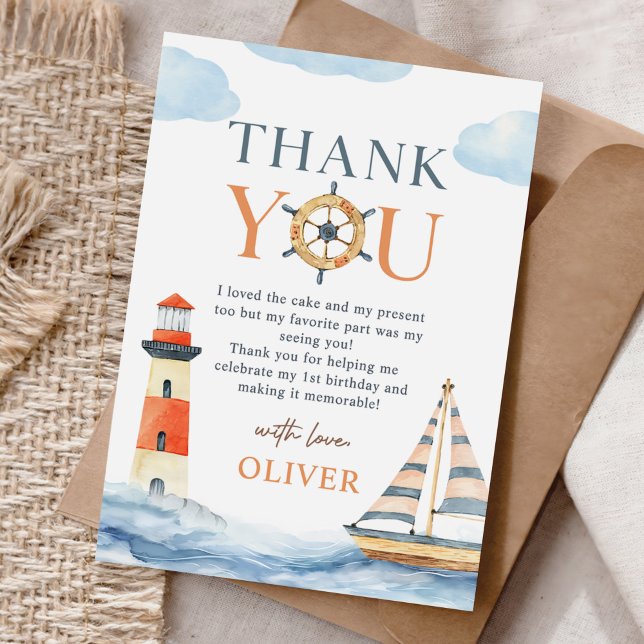 Carte De Remerciements Petit Marin Bleu Marin Pastel 1er Anniversaire (Créateur téléchargé)