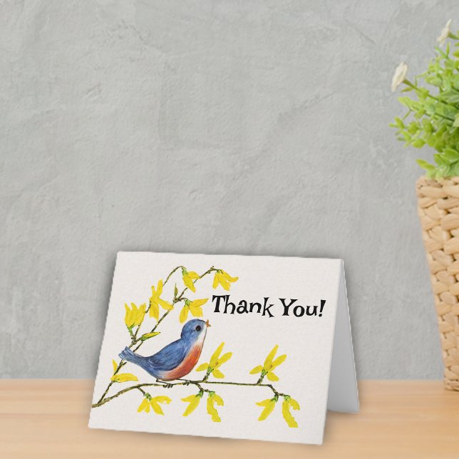 Carte De Remerciements Petit Oiseau rouge doux sur les fleurs de branches (Sweet red and blue bird on branch with bright yellow flowers on white Thank You card.)