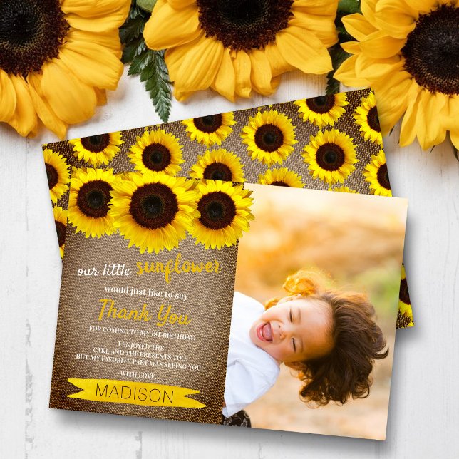 Carte De Remerciements Petit tournesol Rustique Burlap Photo Anniversaire (Créateur téléchargé)