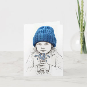 Carte De Remerciements Petite Fille Avec un Chapeau Bleu Tricoté