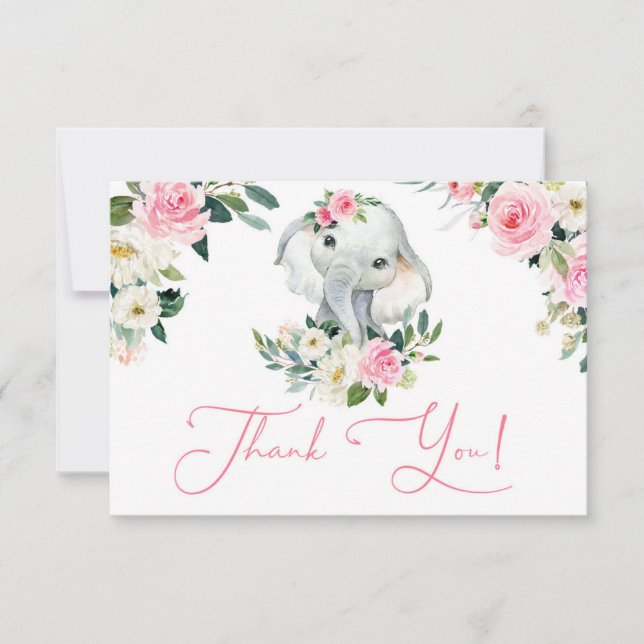 Carte De Remerciements Petite fille éléphant baby shower floral rose vif (Devant)