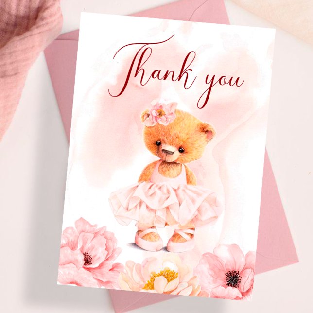 Carte De Remerciements Petite fleur d'ours en peluche princesse aquarelle (Créateur téléchargé)