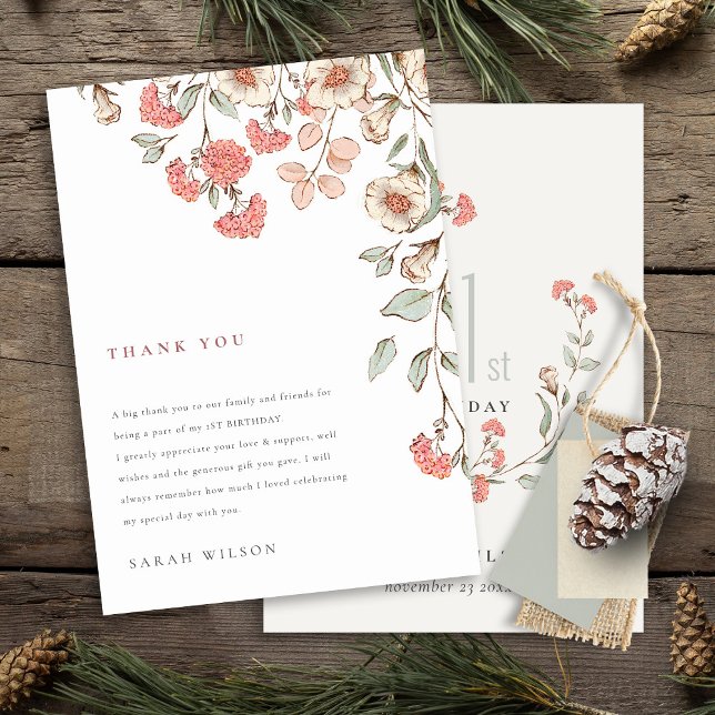 Carte De Remerciements Petite Fleur Rose Cute Wreath Baby Girl Anniversai (Créateur téléchargé)