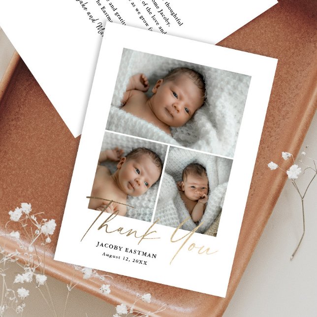 Carte De Remerciements Petite Minimal Script 3 Photo Bébé (Créateur téléchargé)