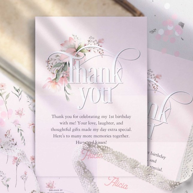 Carte De Remerciements Petite Miss Rose Onederful mignon fille 1er annive (Pink wildflower, little miss onederful 1st birthday thank you cards)