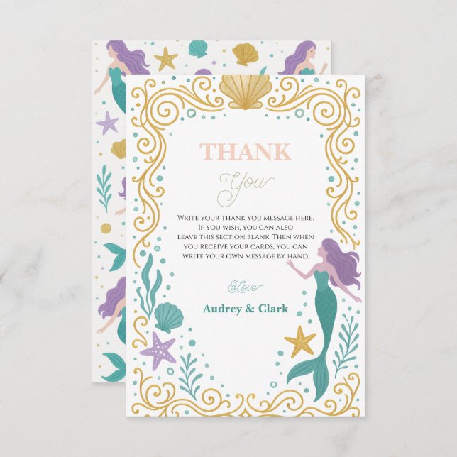 Carte De Remerciements Petite Sirène en or 10e anniversaire Sous l'océan (Devant / Derrière)