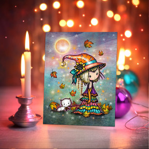 Carte De Remerciements Petite vagabonde sorcière d'Halloween avec chat bl