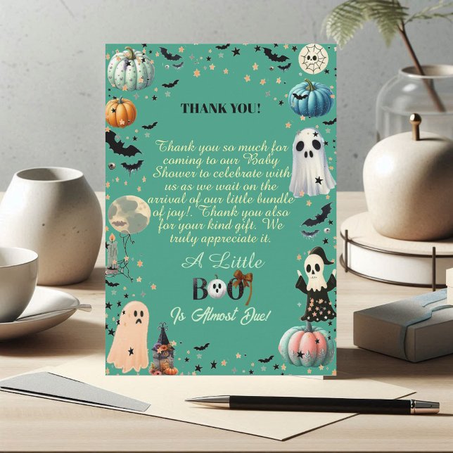 Carte De Remerciements Peu de BOO est dû Citrouille  Éffrayant Baby showe (Little BOO Is Due Ghost Pumpkin Spooky Baby Shower Thank You Card)