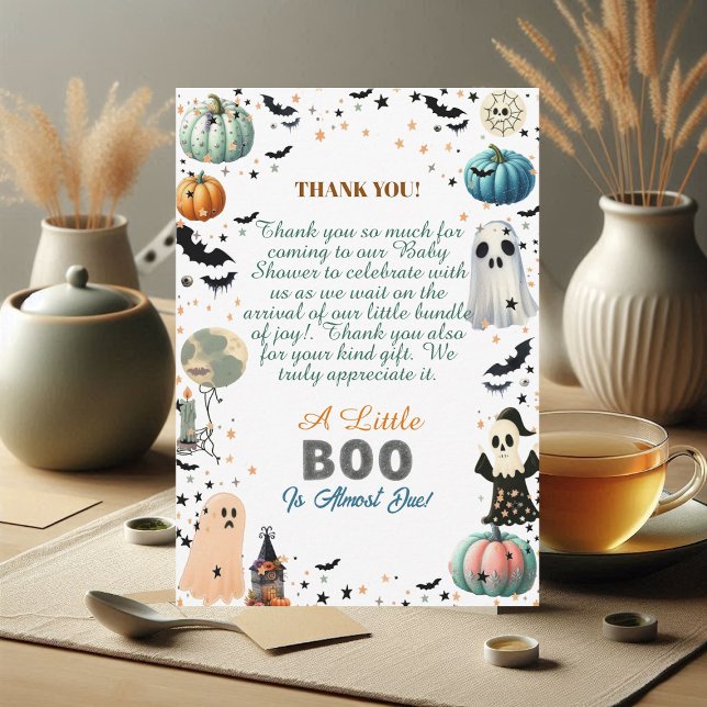 Carte De Remerciements Peu de BOO est dû Citrouille  Éffrayant Baby showe (Little BOO Is Due Ghost Pumpkin Spooky Baby Shower Thank You Card)