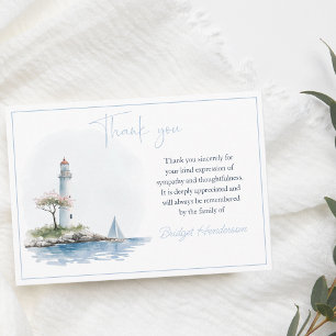 Carte De Remerciements Phare à l'aquarelle sereine par l'eau Bleu Funérai