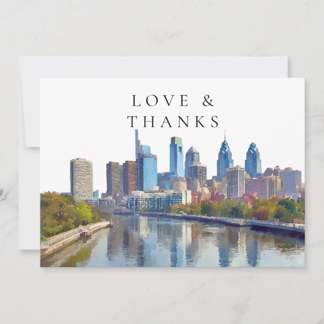 Carte De Remerciements Philadelphia Watercolor Wedding Photo (Devant)