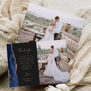 Carte De Remerciements Photo Agate Bleu Marine Rose Or Sombre Mariage