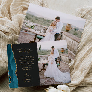 Carte De Remerciements Photo Agate Bleu Sarcelle Or Mariage Script