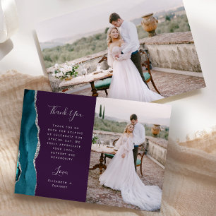 Carte De Remerciements Photo Agate Bleu Turquoise Mariage Écriture Violet
