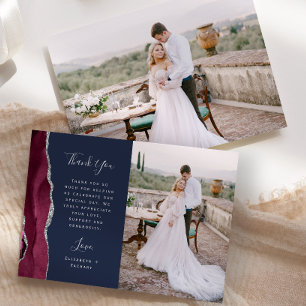 Carte De Remerciements Photo Agate Bourgogne Argent Script Marine Mariage
