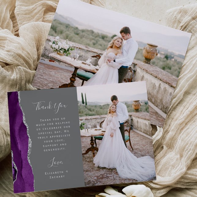 Carte De Remerciements Photo Agate Violet Gris Argent Script Mariage (Créateur téléchargé)