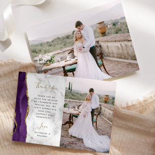 Carte De Remerciements Photo Agate Violet Or Écriture Marbre Mariage