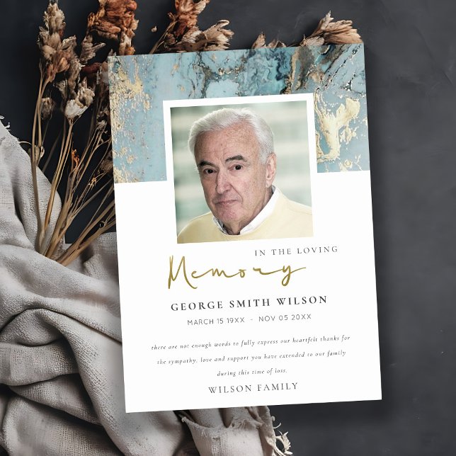 CARTE DE REMERCIEMENTS PHOTO AQUA DUSKY BLUE GOLD AGATE SYMPATHIE MÉMORIA (Créateur téléchargé)