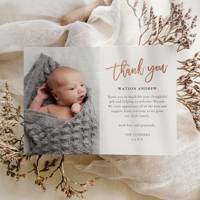 Carte De Remerciements Photo Bébé Script Moderne (Modern rose gold script baby photo thank you card.)