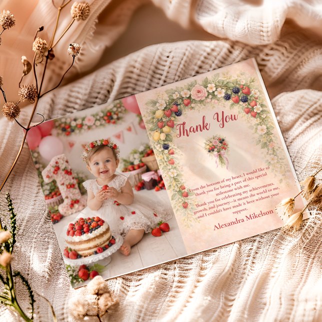 Carte De Remerciements Photo Berry First Garden 1st Birthday (Créateur téléchargé)