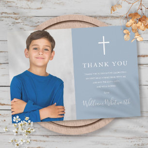 Carte De Remerciements Photo Bleu Poussiéreux Première Sainte Communion
