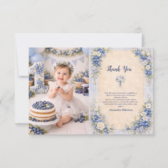 Carte De Remerciements Photo Blueberry Floral Storybook 1st Birthday (Devant)