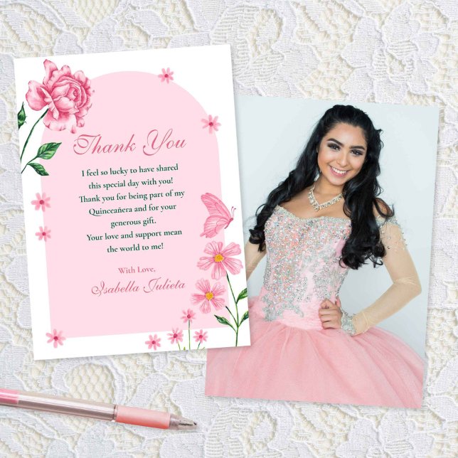 Carte De Remerciements Photo Blush Pink Quinceañera Roses et papillons (Blush Pink Quinceañera Roses and Butterflies Photo Thank You Card)