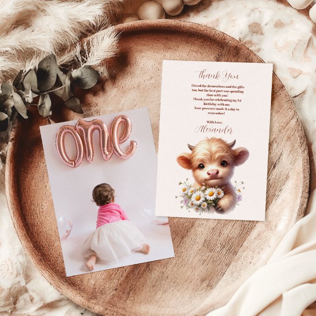 Carte De Remerciements Photo Boho Holy Cow Highland Cow 1er anniversaire (Créateur téléchargé)
