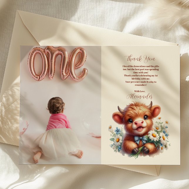 Carte De Remerciements Photo Boho Holy Cow Highland Cow 1er anniversaire (Créateur téléchargé)