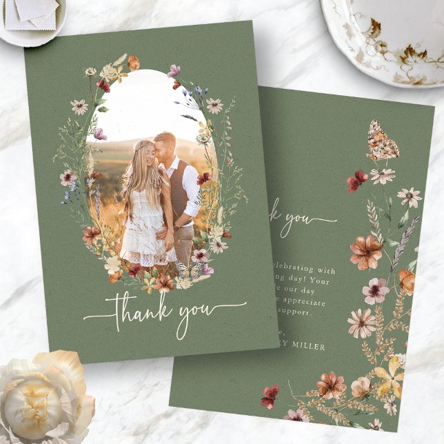 Carte de remerciements photo Boho Sage (Boho Sage Green Wildflower Photo Thank You Card with Butterfly by Painted Paperie
)