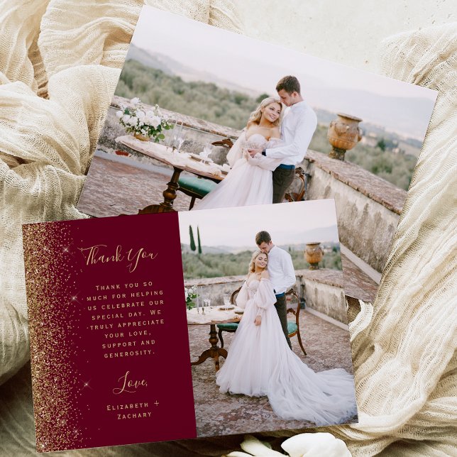 Carte De Remerciements Photo Burgundy Red Gold Glitter Script Wedding (Créateur téléchargé)