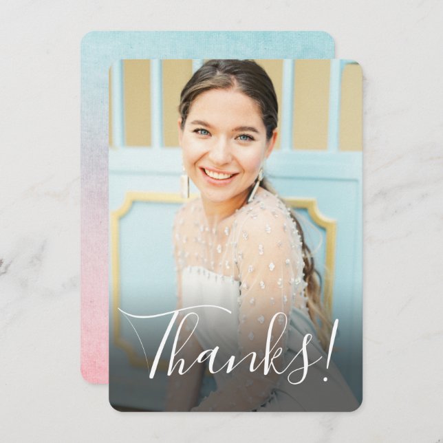 Carte De Remerciements Photo complète de dos en aquarelle pastel aqua (Devant / Derrière)