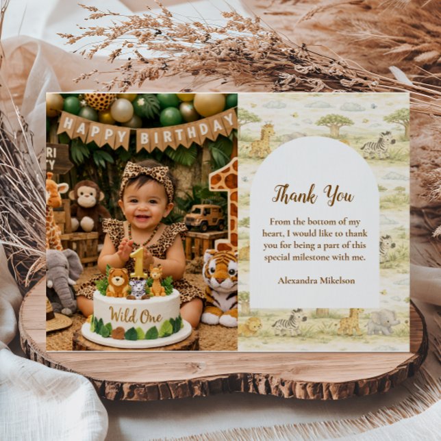 Carte De Remerciements Photo Cute Neutral Safari Animals First Birthday (Créateur téléchargé)