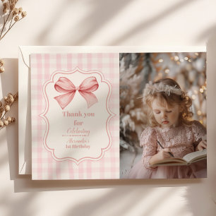 Carte De Remerciements Photo Cute Pink Bow Coquette 1er anniversaire