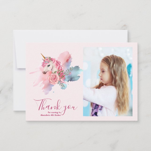 Carte De Remerciements Photo Cute Unicorn Rainbow Birthday Party (Devant)