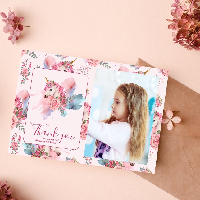 Carte De Remerciements Photo Cute Unicorn Rainbow Birthday Party (Créateur téléchargé)