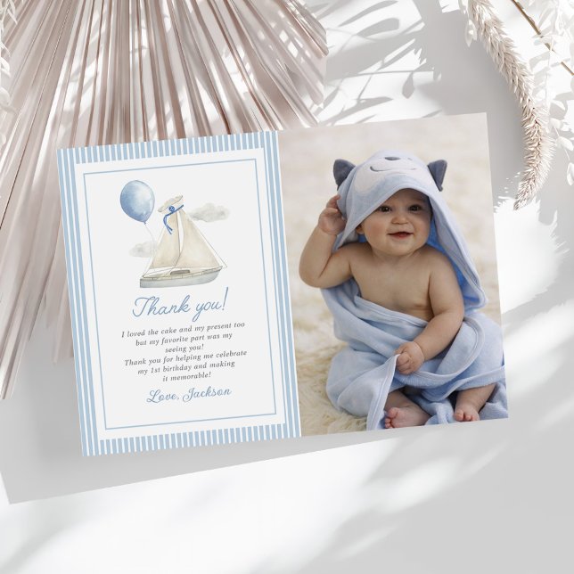 Carte De Remerciements Photo d'anniversaire 1 an Bateau à voile Nautique  (Créateur téléchargé)