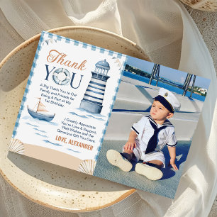 Carte De Remerciements Photo d'anniversaire 1 an garçon bleu nautique mod