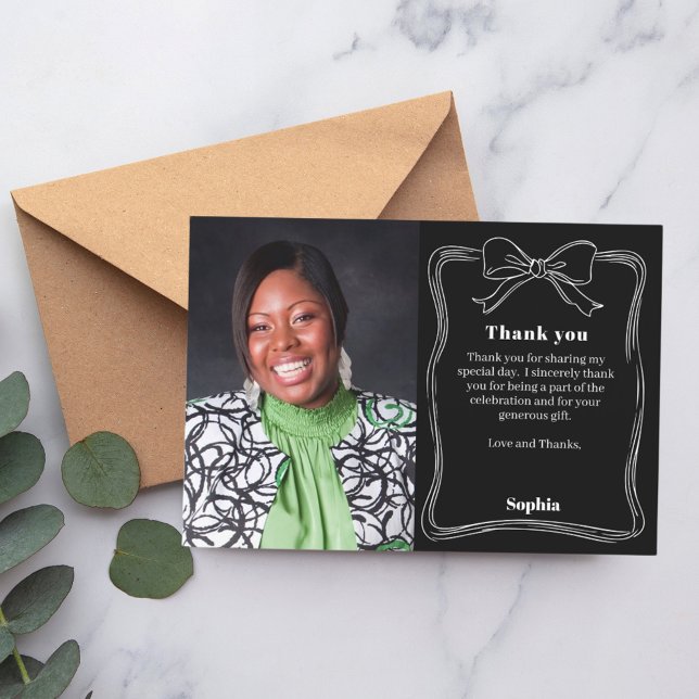 Carte De Remerciements Photo d'anniversaire à la main arc dessiné noir bl (Créateur téléchargé)