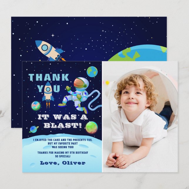 Carte De Remerciements Photo d'anniversaire Astronaute Bleu dans l'Espace (Devant / Derrière)