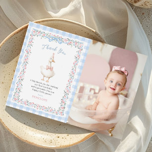 Carte De Remerciements Photo d'anniversaire Blue Silly Goose Floral Gingh
