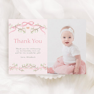 Carte De Remerciements Photo d'anniversaire de 1 an Spring Garden rose et