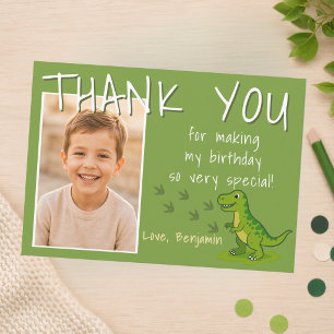 Carte De Remerciements Photo d'anniversaire de garçon avec T-Rex Dinosaur
