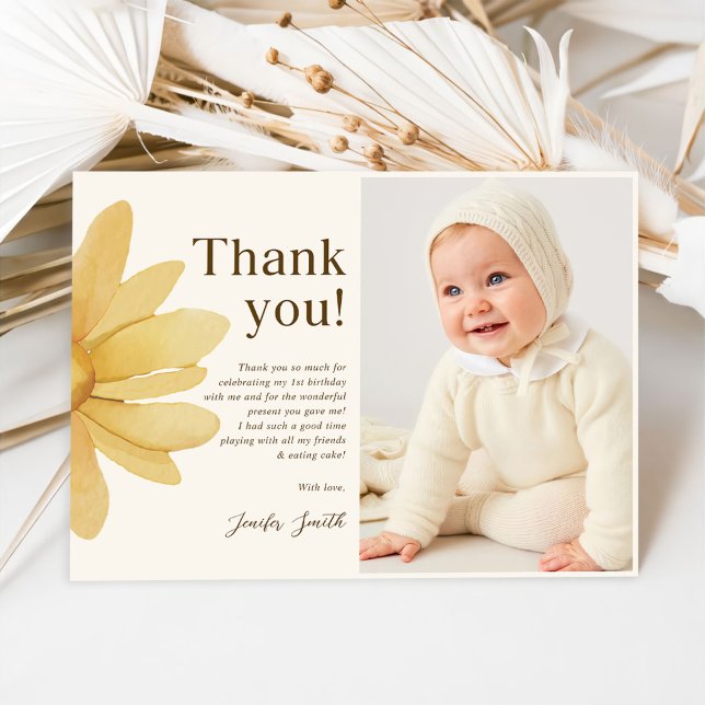 Carte De Remerciements Photo d'anniversaire floral à la marguerite jaune  (Créateur téléchargé)