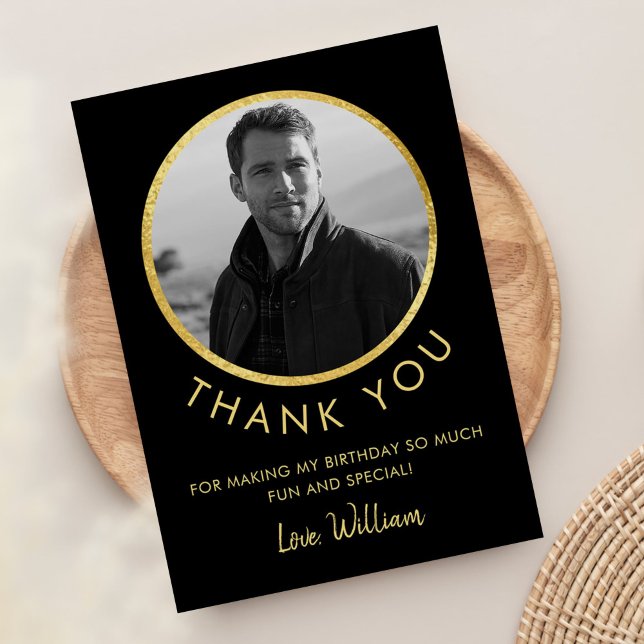Carte De Remerciements Photo d'anniversaire noir et or (Créateur téléchargé)