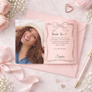 Carte De Remerciements Photo d'anniversaire rose or à main arc écrit main