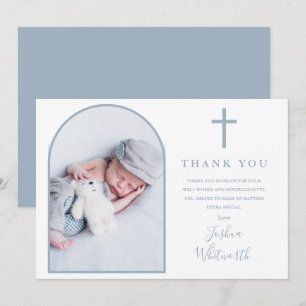 Carte De Remerciements Photo d'arche élégante Baptême Bleu Poussiéreux